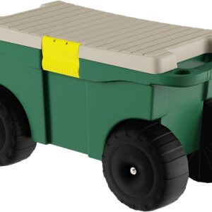 Rolling Garden Cart with Seat - Plastic Storage with Bench and Interior Tool Tray - Gardening Stool for Weeding and Planting By Pure Garden (Green)