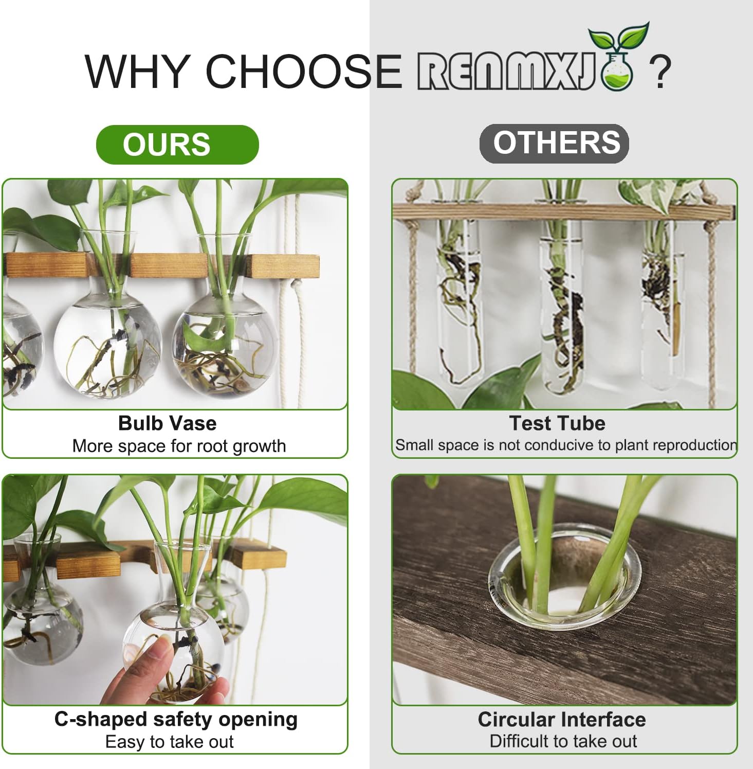 Plant Propagation Station Wall Hanging, Plant Terrarium with 2 Tiered Wooden Stand for Hydroponics Plants, Unique Gardening Gifts for Women Mom Plant Lovers - 6 Bulb Glass Vases - Image 4