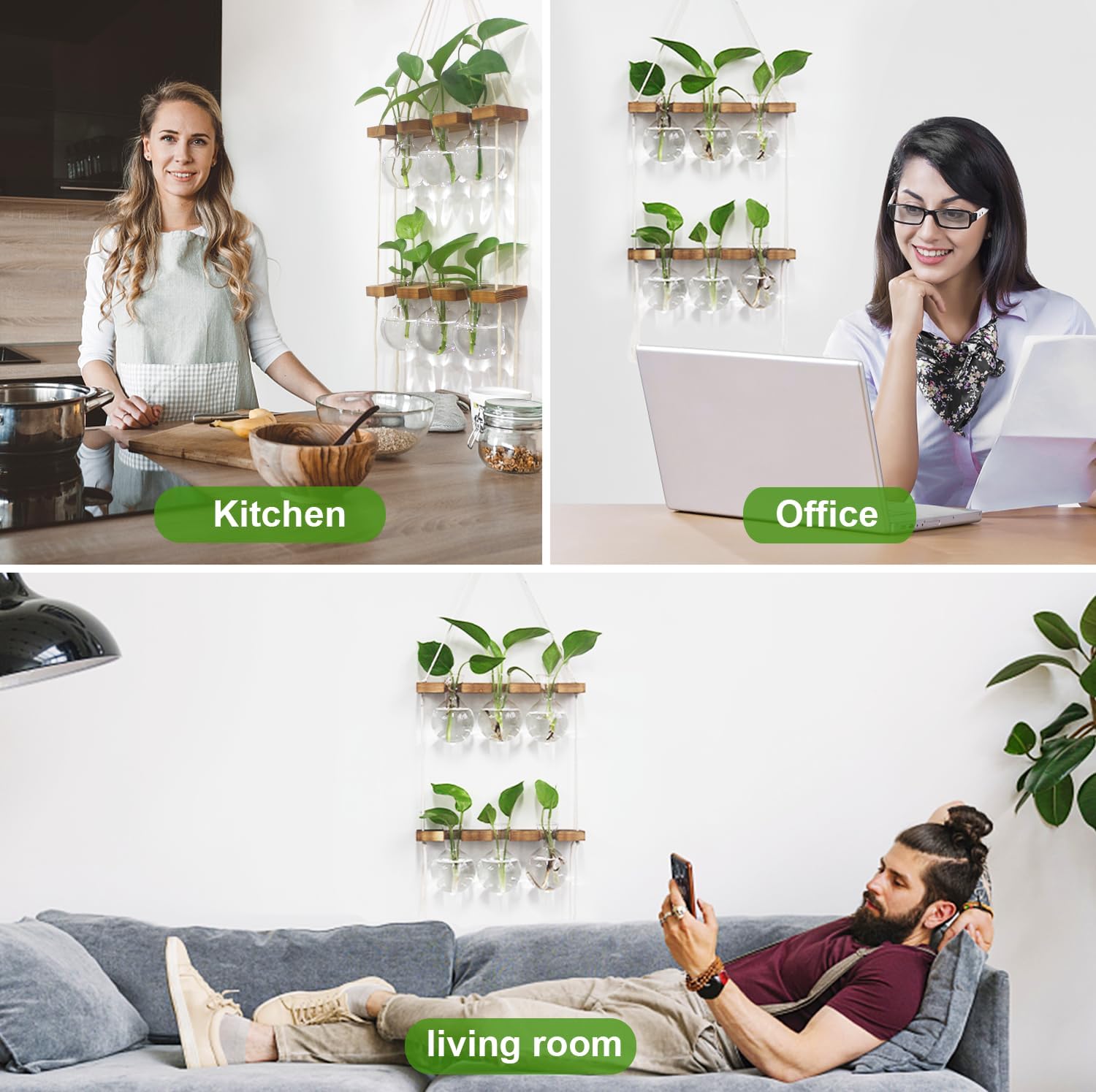 Plant Propagation Station Wall Hanging, Plant Terrarium with 2 Tiered Wooden Stand for Hydroponics Plants, Unique Gardening Gifts for Women Mom Plant Lovers - 6 Bulb Glass Vases - Image 5