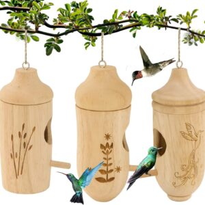 Hummingbird House - Natural Wooden Hummingbird Houses for Outside Hanging, Gardening Gifts Home Decoration 3 Packs