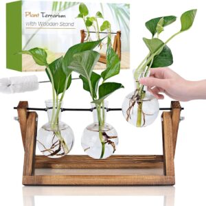 Plant Propagation Station, Plant Terrarium with Wooden Stand, Unique Gardening Birthday Gifts for Women Plant Lovers, Home Office Garden Decor Planter - 3 Bulb Glass Vases