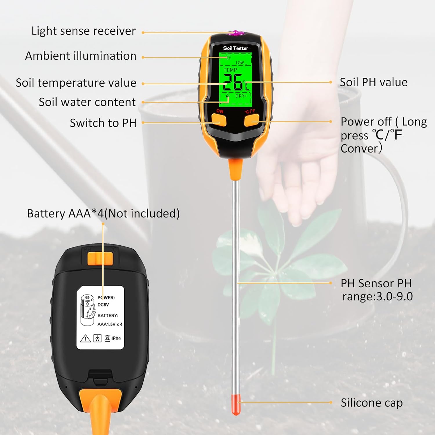 4-in-1 Soil Moisture Meter Digital Plant Temperature/Soil Moisture/PH Meter/Sunlight Intensity/Environment Humidity Backlight LCD display Soil Test Meter for Gardening, Farming and Outdoor Plants - Image 2