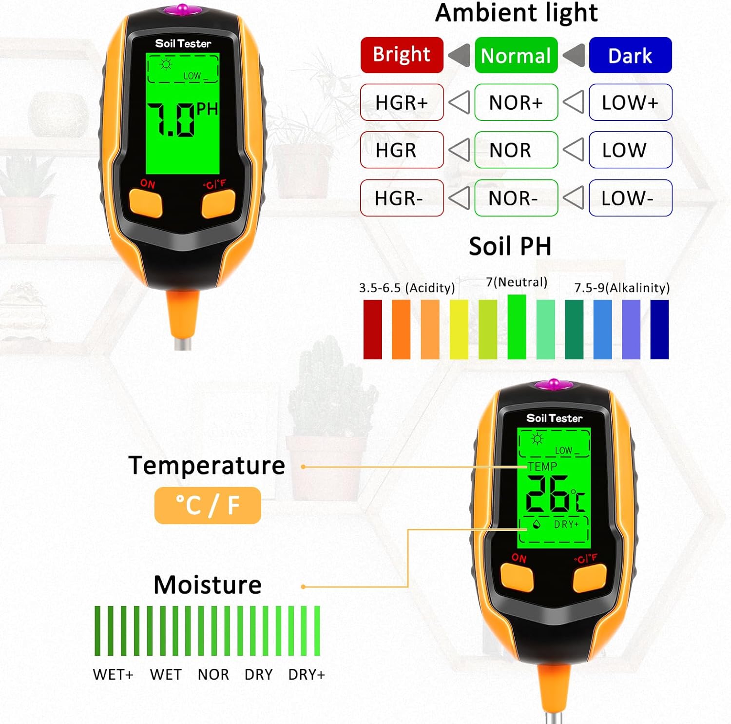 4-in-1 Soil Moisture Meter Digital Plant Temperature/Soil Moisture/PH Meter/Sunlight Intensity/Environment Humidity Backlight LCD display Soil Test Meter for Gardening, Farming and Outdoor Plants - Image 4