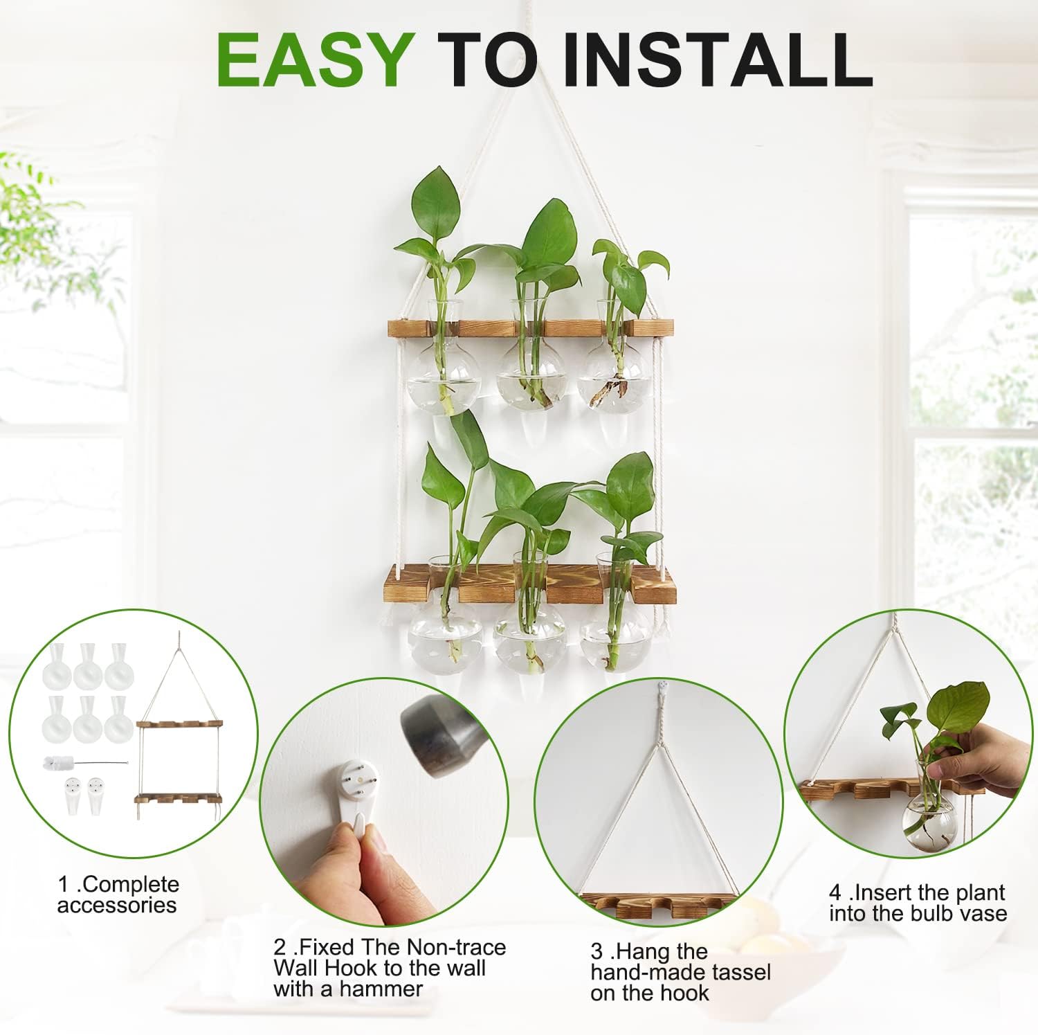 Plant Propagation Station Wall Hanging, Plant Terrarium with 2 Tiered Wooden Stand for Hydroponics Plants, Unique Gardening Gifts for Women Mom Plant Lovers - 6 Bulb Glass Vases - Image 3