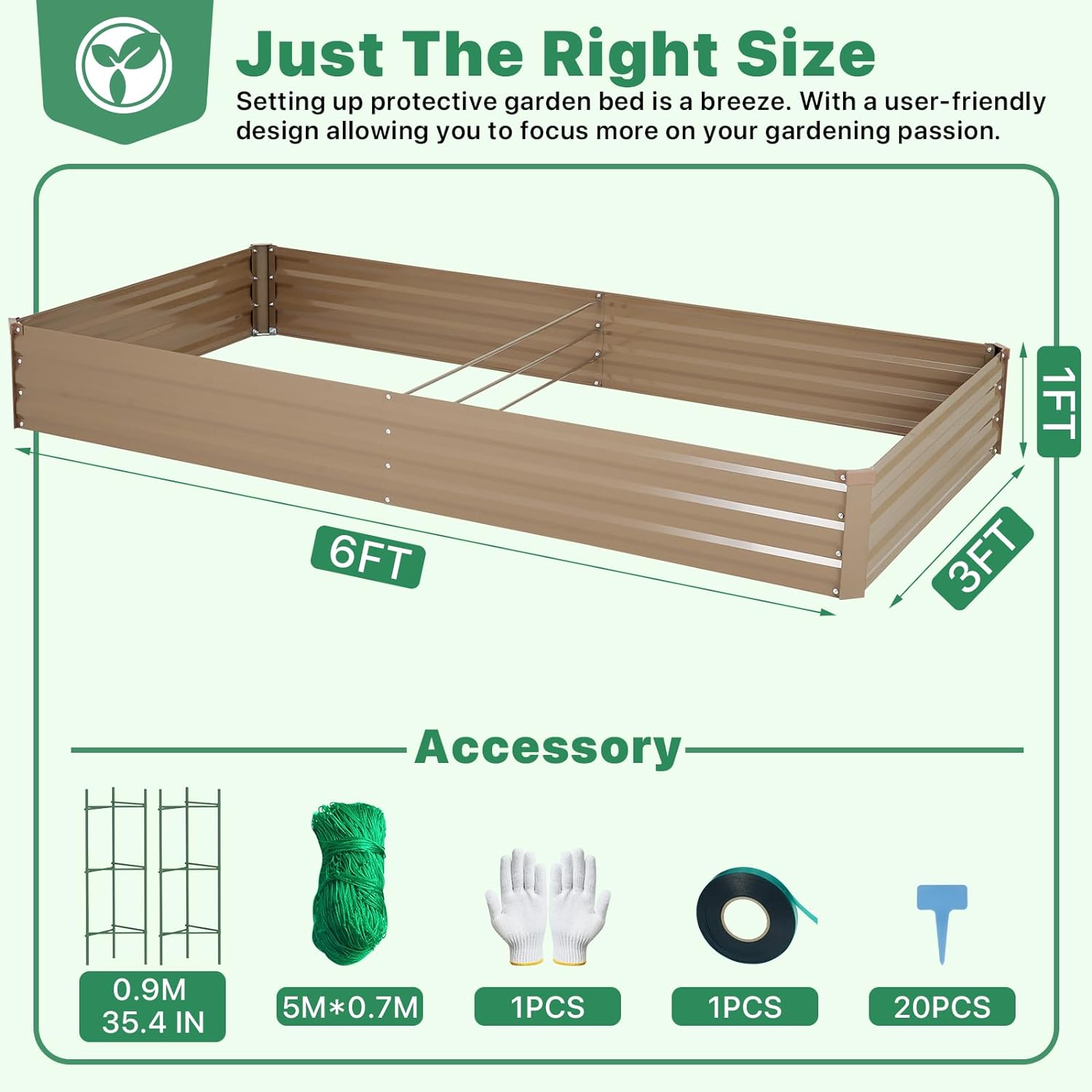 Galvanized Raised Garden Bed for Vegetables Flowers Herbs, Metal Raised Garden Bed Kit with 2 PCS Tomato Cage, Gloves, Trellis Netting, Plant Labels, Plant Ties, Brown 6×3×1FT - Image 2