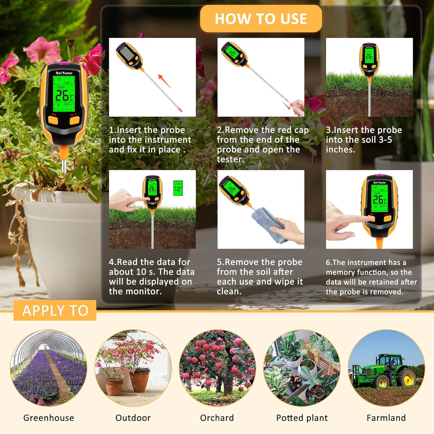 4-in-1 Soil Moisture Meter Digital Plant Temperature/Soil Moisture/PH Meter/Sunlight Intensity/Environment Humidity Backlight LCD display Soil Test Meter for Gardening, Farming and Outdoor Plants - Image 5