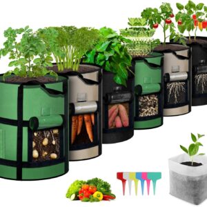 6-Pack 10 Gallon Grow Bags with Window to Harvest - Potato Grow Bags with Handles - Thickened Fabric Pots - Large Garden Grow Bags - Tomato Garden Vegetables Grow Bags