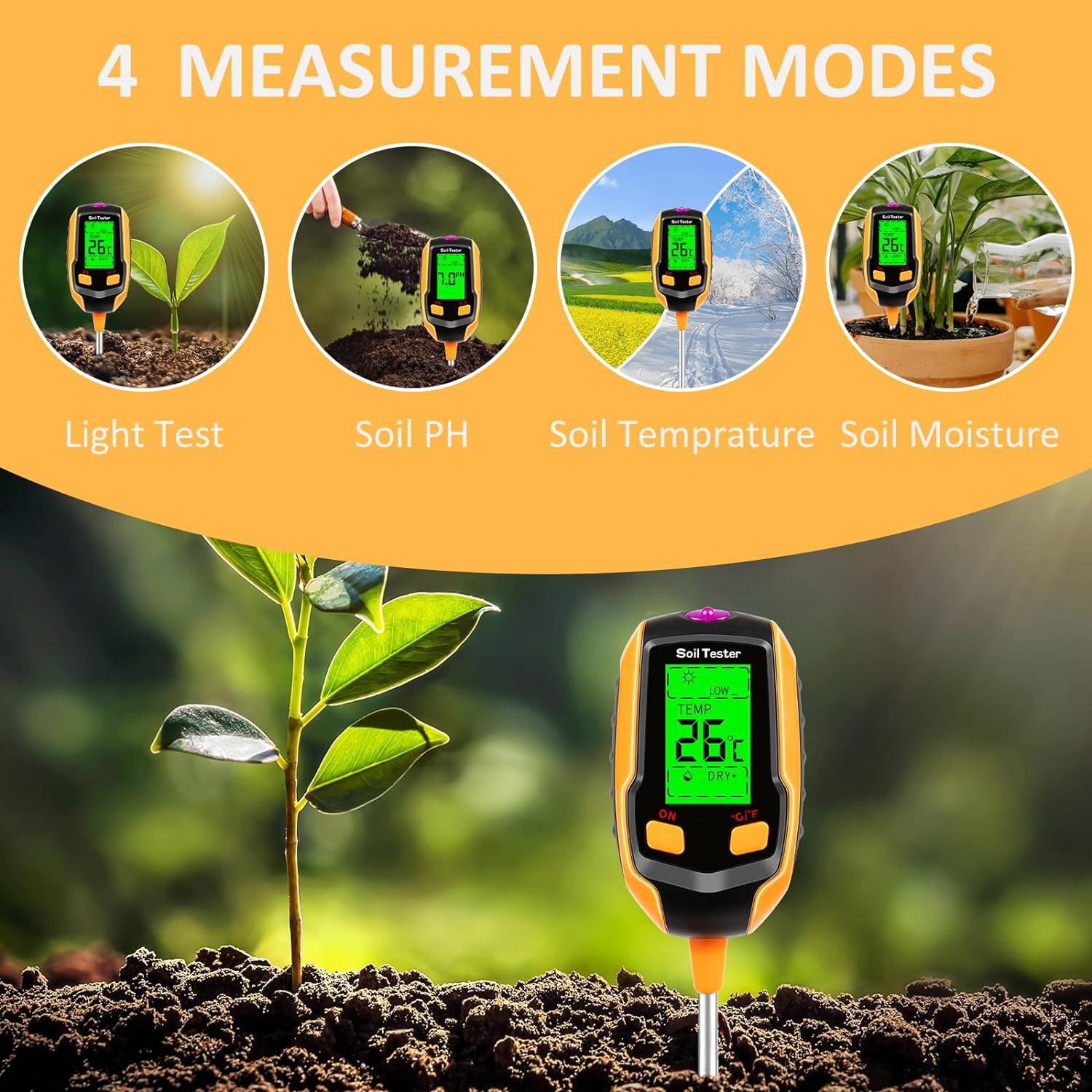 4-in-1 Soil Moisture Meter Digital Plant Temperature/Soil Moisture/PH Meter/Sunlight Intensity/Environment Humidity Backlight LCD display Soil Test Meter for Gardening, Farming and Outdoor Plants - Image 3