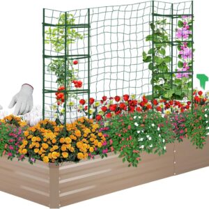 Galvanized Raised Garden Bed for Vegetables Flowers Herbs, Metal Raised Garden Bed Kit with 2 PCS Tomato Cage, Gloves, Trellis Netting, Plant Labels, Plant Ties, Brown 6×3×1FT