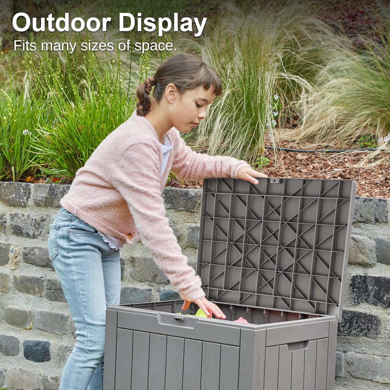 EAST OAK Outdoor Storage Box, 31 Gallon Deck Box Indoor and Outdoor Use, Waterproof Resin Storage Bin for Package Delivery, Patio Cushions, Gardening Tools, Outdoor Toys, Lockable, UV Resistant, Grey - Image 6