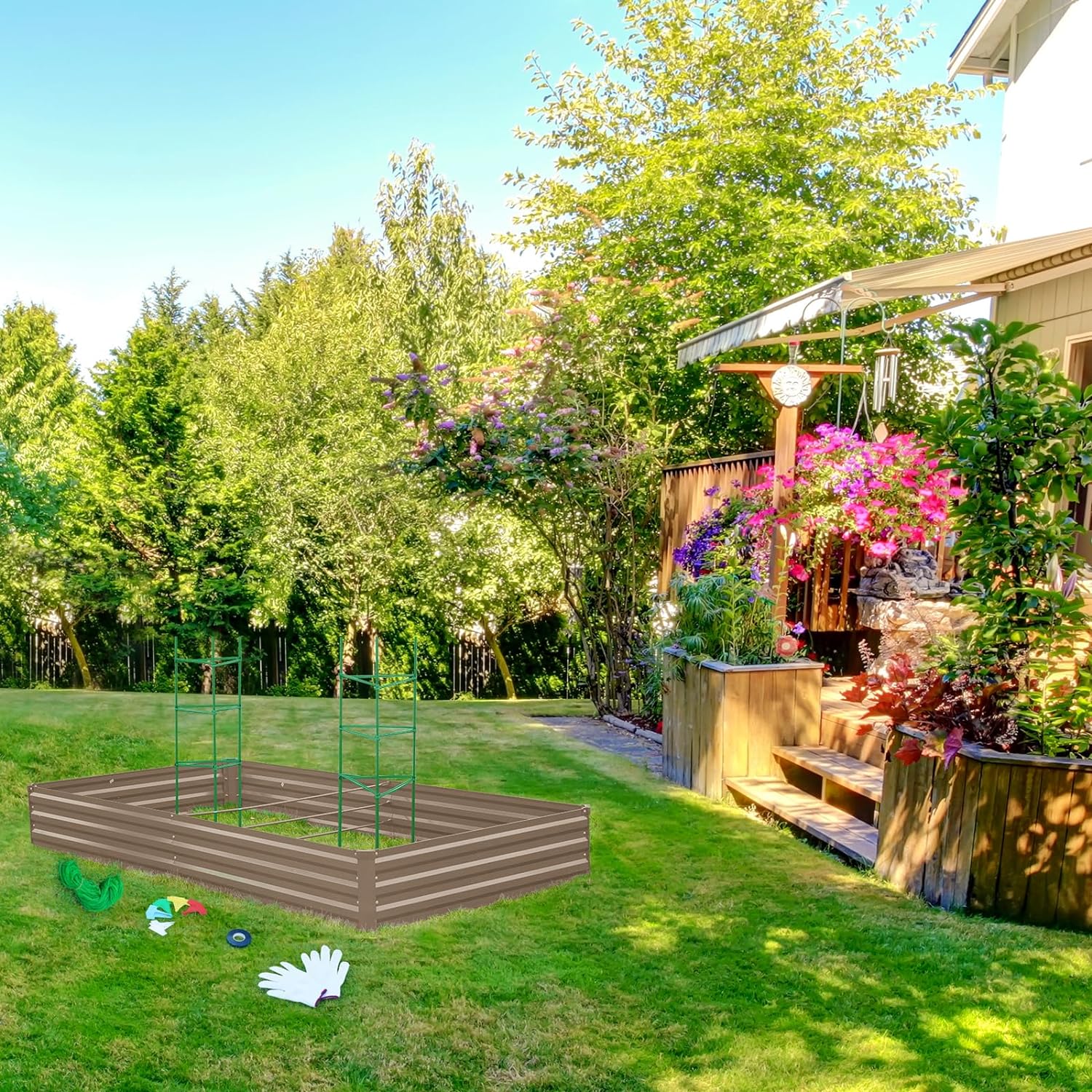 Galvanized Raised Garden Bed for Vegetables Flowers Herbs, Metal Raised Garden Bed Kit with 2 PCS Tomato Cage, Gloves, Trellis Netting, Plant Labels, Plant Ties, Brown 6×3×1FT - Image 6